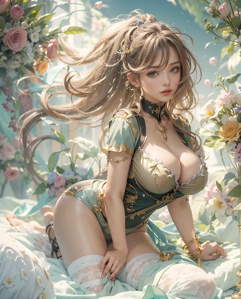 Best quality, masterpiece, meticulous detail, realistic, a hot big breast woman wearing bikin in heavenly environment, full body, sexy, sensual