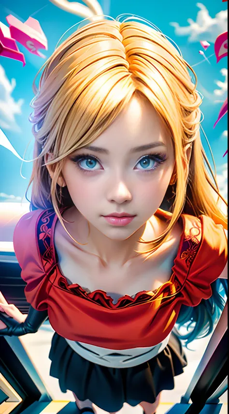 Blonde haired girl with blue eyes posing on a handrail, retrato impressionante do rosto do anime, retrato bonito do anime, arte de anime digital detalhada, Estilo de anime 3D realista, retrato detalhado da menina do anime, Arte de anime realista, realistic...