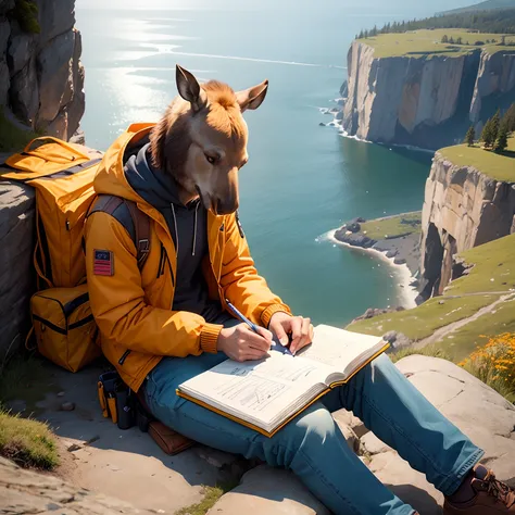 Moose head, human male body, yellow-orange jacket, denim pants, brown trekking shoes, sitting in a cliff side, alone, holding a notebook, sketching the view