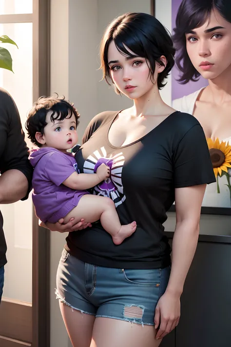 ((high resolution, 4k realistic)) a family white woman with black hair, a chubby teenage boy, a boy black hair, a baby and only fans adult man with very short black hair, brown eyes standing over, with red and purple hearts and sunflower, 3d ender, poster,...