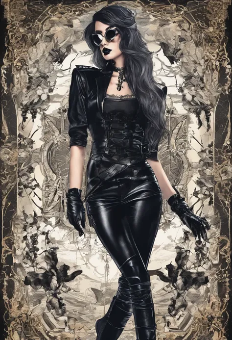 (best quality,highres,ultra-detailed,realistic:1.2),confident badass attitude,arrogant cocky boss bitch female wearing full black sunglasses posing arrogantly,leather outfit,skin-tight,dark lipstick,sharp eyeliner,perfectly styled hair,highly detailed faci...