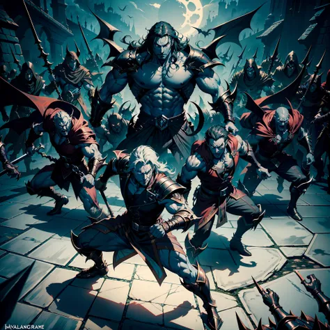 Castlevania Shadow Lord hyper realistic super detailed Lord Dracula handsome muscular wearing angry Islamic armor leading troops armed with demons into battle 3points perspective view bottom shot hyper realistic super detailed Dynamic shot Cinematic scenes...