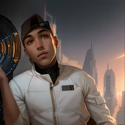 masterpiece, best quality, realistic, ultra detailed, sfw, head shot, a portrait of a young man, starsector, sci-fi style suits, hight-tech gadgets, head facing right,