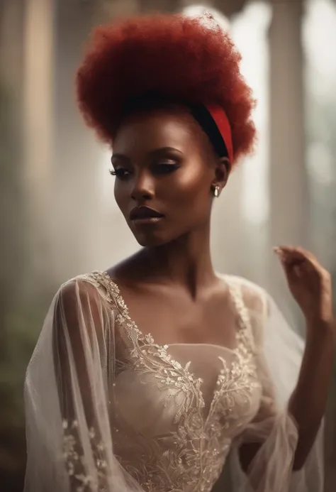 women, dark skin, openwork clothes, headbands, short hair, red hair, realistic, thin tulle