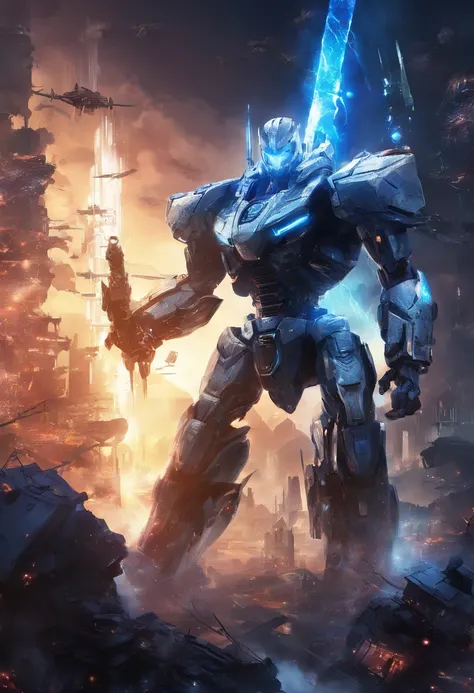 Blue Ghost Hunter, (Giant: 1.6), Super Cool Ghost Killer, Wearing blue mechanical armor, Surrounded by lightning, holding samurai sword, standing at front, super detailed, Realistic, shiny, Reflective, bio luminescent, Galaxy Control Mask, mechs, (The exec...