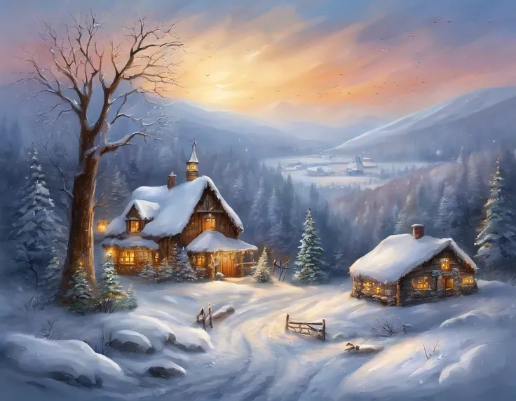 Winters，christmas，nevando，snow covered，snowflower，A painting of a house surrounded by trees and snow and ice, Tano，Small groves，Snowy mountains in the distance，Amazing wallpapers, fundo de casa, Beautiful Christmas dress house, Beautiful wallpaper, High qu...