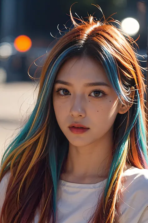 multicolored hair, Gradient Hair, carrot hair ornament, Mole under the eyes, Amber eyes, high detailing, Verism, Hyper-Realism, Contemporary art, Cinematic lighting, spark of light, Wide Shot, F/1.2, Best Quality, awardwinning, 8K, Super Detail, nffsw