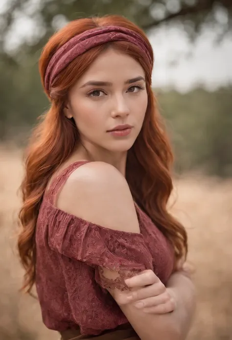 Women, brown skin, headband, red hair, realistic pleated skirt, western style