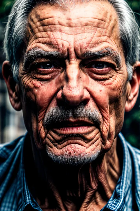 portrait of a a old man looks menacingly at the viewer, close-up, portrait, high detail. wrinkles on the face, skin pores. a sli...