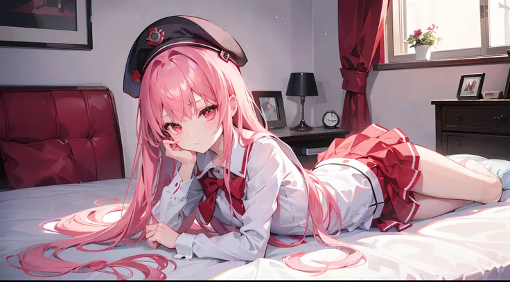 1girl, long pink hair, red eyes, slim body, small chest size, wearing school uniform with red beret hat, sitting on bed in room like student dorm, absurdres, high res, ultrasharp, 8K, masterpiece, looking at viewer