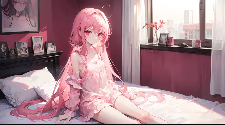 1girl, long pink hair, red eyes, slim body, small chest size, wearing sleepwear, sitting on bed in messy room like student dorm, absurdres, high res, ultrasharp, 8K, masterpiece, looking at viewer