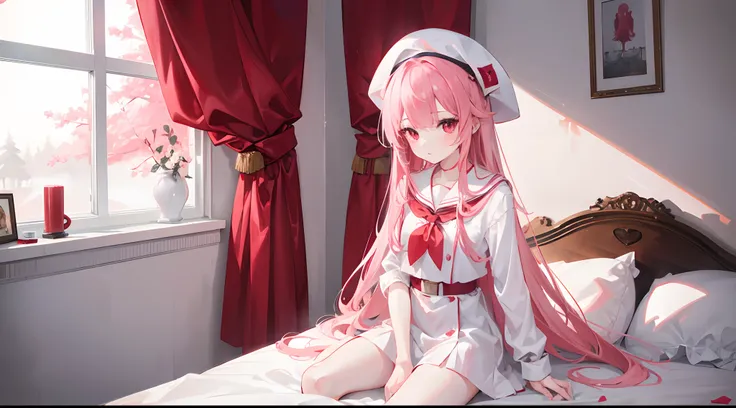 1girl, long pink hair, red eyes, slim body, small chest size, wearing white dress with red beret hat, sitting on bed in room like student dorm, absurdres, high res, ultrasharp, 8K, masterpiece, looking at viewer