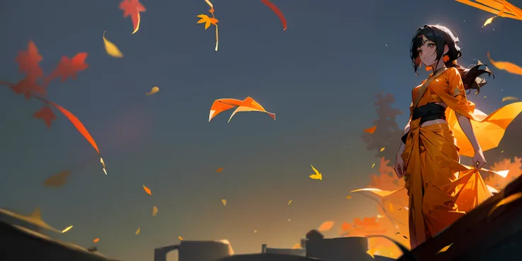 autumn background, fallen leaves, evening sky, Indian environment, masterpiece, aesthetic, ultra-realistic, anime themed, anime, blending perfectly