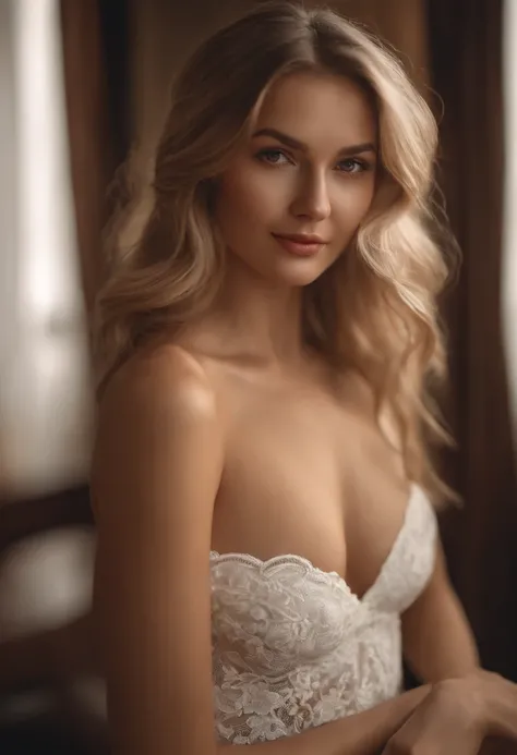 Raw, analog, Nikon Z 85mm,((Best Quality)), ((Masterpiece)), ((Realistic)),Vintage image, Gorgeous Russian woman, blond, 22 years old, posing in a hotel in lingerie, Wearing Underwear Small, ssmile, showing teeth, ((small breasts)), intricate details, High...