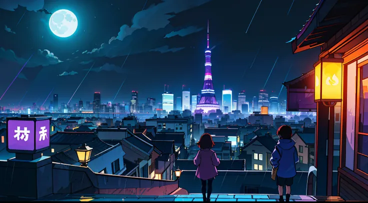 Landscape Photography（Seen from below、Sky above、Downhill）、Bright downtown、Sparkling neon lights、TOKYOcty、Fantastic、Girl standing in the city looks up（fullmoon：1.2）、A light、Lots of Purples and Oranges、intricate detailes、Volume Lighting BREAK (​masterpiece: ...