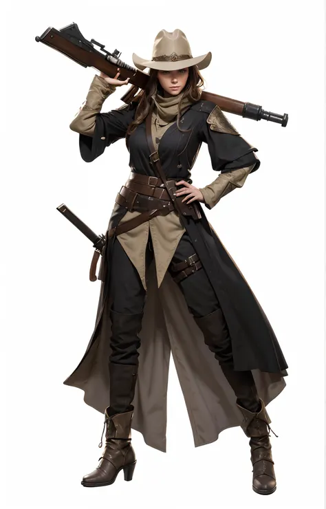 A country Caucasian woman in a long black coat and hat holding a rifle gun over shoulder, exact same gun, with a medieval sword on her right side hip, on a open ranch field in a small village, rpg concept art character, female medieval fantasy bounty hunte...