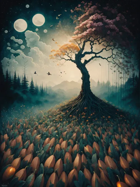 Painting a tree with illuminated pumpkins, Surrealist illustration, Arte oscuro surrealista, Estilo Mark Ryden, Mark Ryden muy detallado, Mark Rydens Estilo, Naoto Hattori, Surrealismo pop lowbrow, Mark Ryden en el estilo de, benjamin lacombe, Lori Earley,...