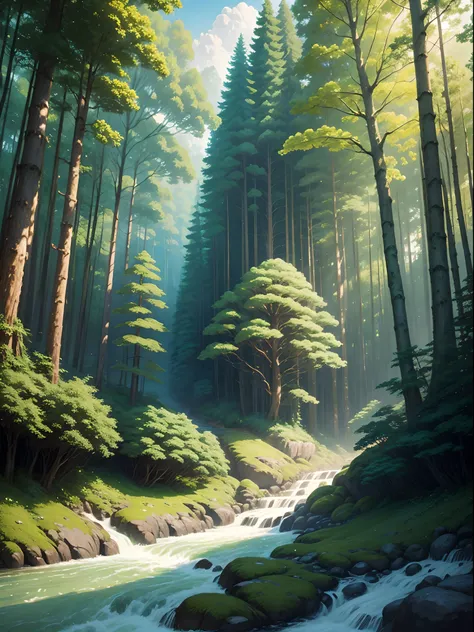 Dense Forest with river flowing in Ghibli studio art style