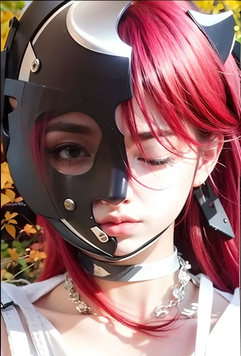 Girl, red hair, broken helmet