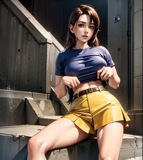 (best quality,4k,8k,highres,masterpiece:1.2),ultra-detailed,(realistic,photorealistic,photo-realistic:1.37),portraits,studio lighting,woman posing on a set of stairs,exposed big breast,skirt,shorts,t-shirt,photo models HD,very detailed