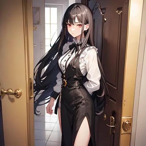 1girll，(Semi-long hair with black hair:1.6)，Skirt that wraps hips，blouse，Mature beautiful and sexy，Wealthy and noble family，In the hallway of the villa，(Knock on the door:2)，Facing away from the audience，Seductive, Ultra-detailed CG，Exquisite facial featur...