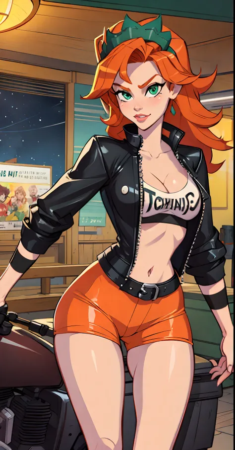 1girl, Best quality, masterpiece, cowboy shot, orange hair, green eyes, tight cloth, bikers clothe, riding motorcycles