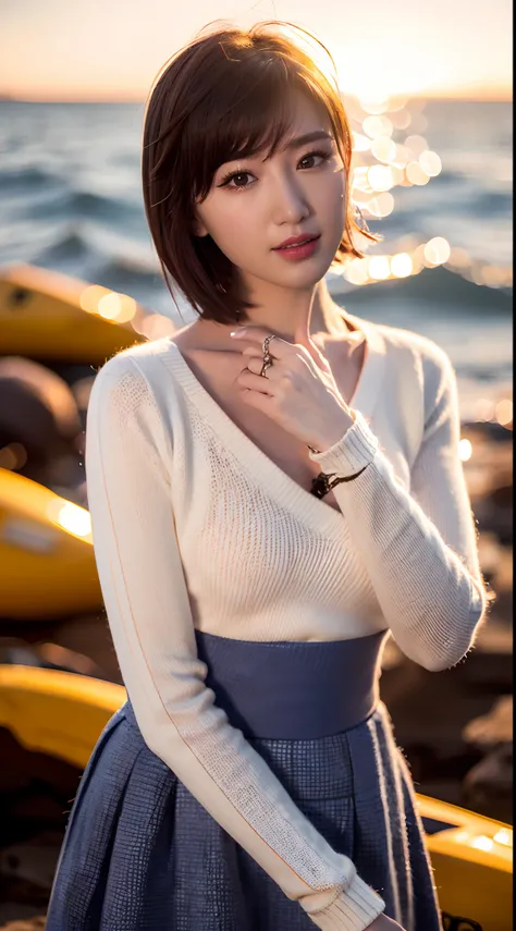 Realiy，8K，超高分辨率，Front light，rays of sunshine，suns，photographed，(the sea，sandbeach，visitor，Iot，sea shell，Kayaking，baiyun)，cotton candy， Female celebrities，short detailed hair，(high-necksweater，long  skirt:1.2)，无袖,Hair_decorations, (Solo,solo person：1.3), La...