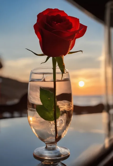 The sun in a crystal glass by the sea, against the background of the club , a glass of regular classical shape, opened from above, below, next to the glass, is a red rose, high-quality realistic photography