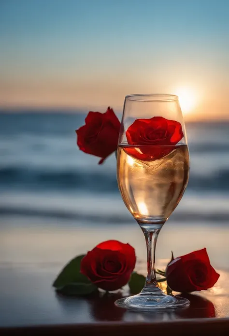 The sun in a crystal glass by the sea, against the background of the club , a glass of regular classical shape, opened from above, below, next to the glass, is a red rose, high-quality realistic photography