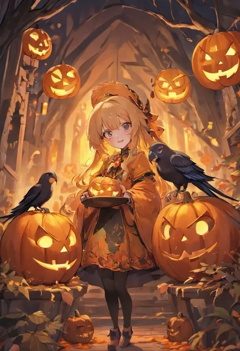 Best Quality,4K,8K,hight resolution, jack-o-lanterns、Cockatiels and jack-o-lanterns in a spooky Halloween garden, Cockatiels wear witch hats,Surrounded by bright autumn leaves. The garden is full of eerie lighting, Cast shadows on the carved face of a pump...