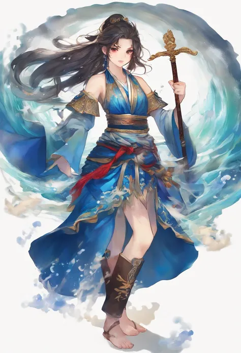 In the realm of a mystical and ancient land, where the waters hold secrets untold, envision a fierce female samurai adorned in gleaming armor and a helmet inspired by the depths of the ocean. Her armor radiates a mesmerizing shade of cobalt blue, mimicking...