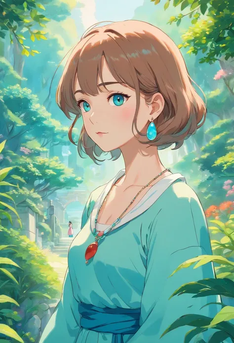 Girl in anime collar, long necklace and earrings, in the style of calm garden landscapes, Colorful animated footage, Masami Teraoka, aquamarine, Paul Gauguin, Embry Style, Honest image