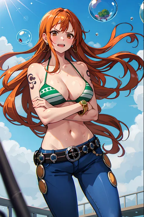 nami (one piece), 1girl, bangle, bangs, bare shoulders, belt, bikini, bikini top only, bracelet, breasts, brown eyes, bubble, cleavage, denim, earrings, floating hair, green belt, green bikini, groin, jeans, jewelry, large breasts, long hair, looking at ow...