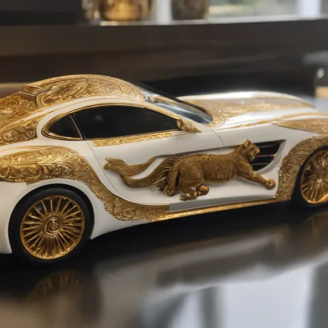 highly detailed carvings, (tigre), White porcelain, Partially glazed, firewood, Art gallery realistic high-tech luxury machine ㄔㄜ，golden and white，A realistic masterpiece，Ink flow，Wheels within wheels，Colorful watercolor art，Cinematic lighting，8K resolutio...