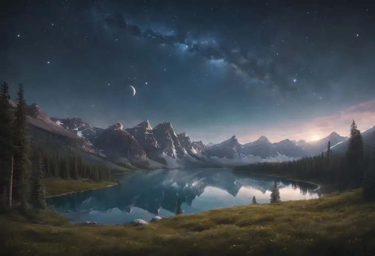 Starry sky with mountains and lake, Jessica Rossier, Inspired by Jessica Rossier, Jessica Rossier Fantasy Art, Faits saillants de Concept Art Magic, official artwork, Dream painting, Ethereal Kingdom, Atmospheric artworks, Dreamy matte paints, Endless sere...