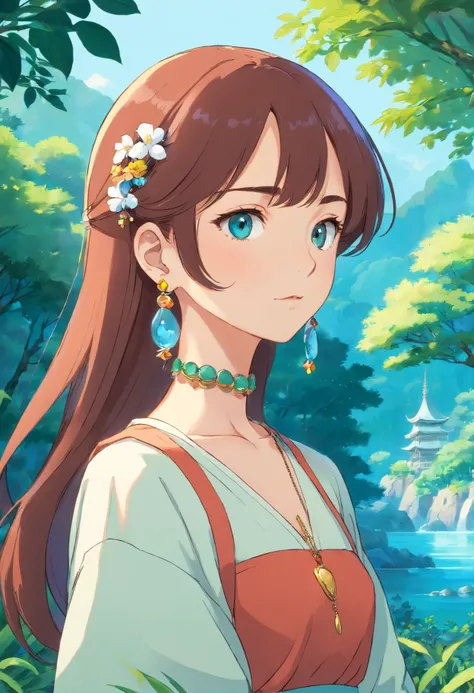 Girl in anime collar, long necklace and earrings, in the style of calm garden landscapes, Colorful animated footage, Masami Teraoka, aquamarine, Paul Gauguin, Embry Style, Honest image