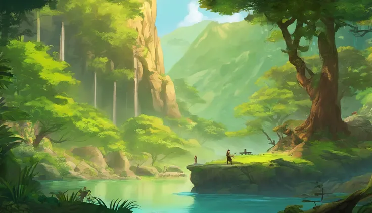 Chinese ancient times, spring, jungle, lake, cave, waterfall, tree, meadow, rock, deer, hot spring, water vapor, (illustration: 1.0), epic composition, realistic lighting, HD details, masterpiece, best quality, (very detailed CG unified 8k wallpaper)