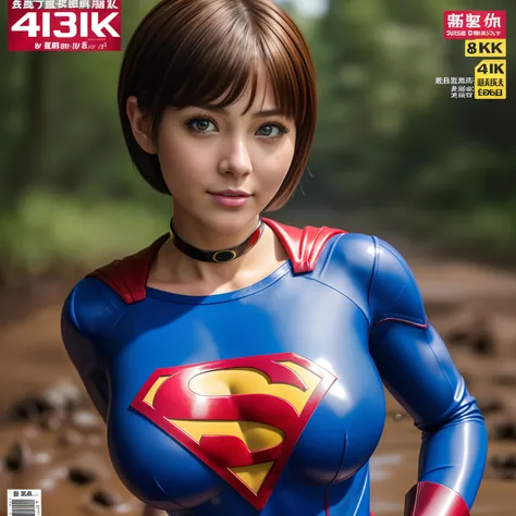 (Best Quality,4K,8K,hight resolution,masutepiece:1.2),Ultra-detailed,Realistic:1.37,Super masterpiece,Short-haired Supergirl crushed by a quagmire、large full breasts、Looking at the camera、Glossy costume、a choker、Covered in mud、Weekly magazine cover、Splatte...