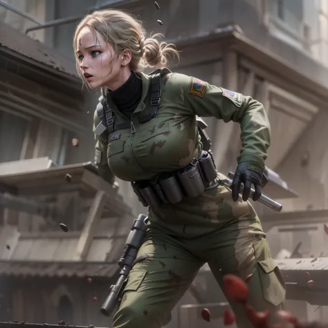 Jennifer Lawrence in special force suit, natural breast, high resolution, realistic art, fighting zombies, 1 mature female, 1 milf, solo, in roof top, green blood splatter, serious face, mouth closed ray tracing, perfect lighting, perfect detail,