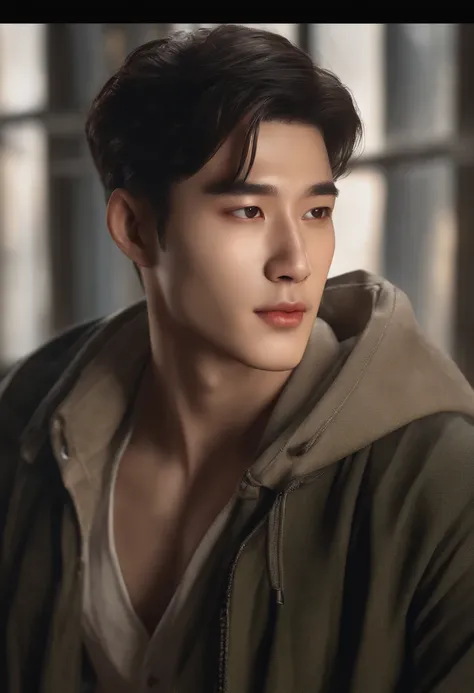 Realistic,1 Korean male,22 years old，frontal，intricately details,gag,Look away,Male focus,Yui,morning sky,Gentle lighting,Cinematic lighting,Portrait,Full of love,(Have on the street、beautiful light up, Award-winning, Photorealsitic, realistic shaded, Real...