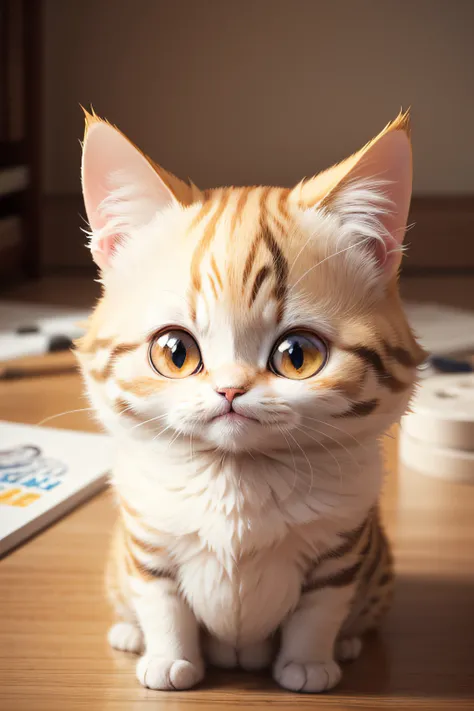 a cat , cream color, (confused:1.5), looking at viewer, smile, masterpiece,high quality, chibi art style