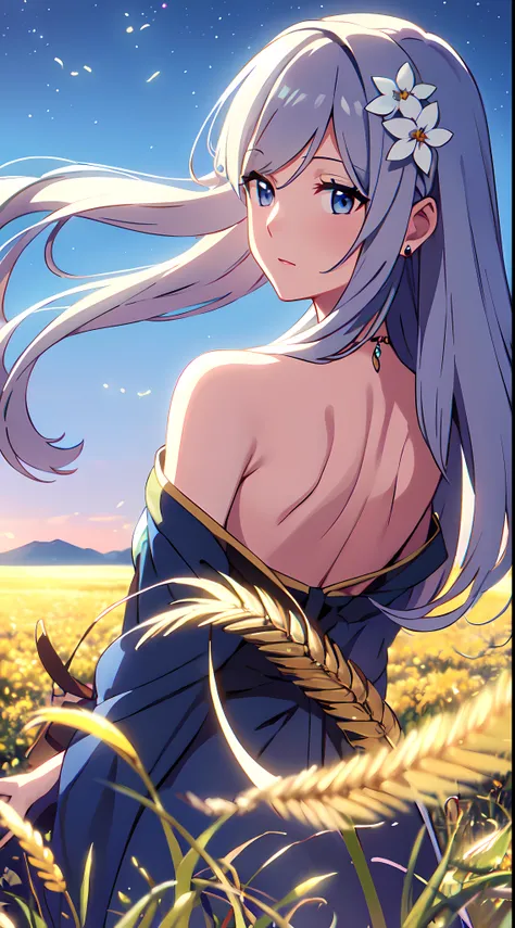 masterpiece, best quality, 1lady, solo, very long hair, white hair, blowing hair, (flowers hair ornament), light blue eyes, necklace, earrings, night, Vast sky, beautiful skyline, fireflies, fantasy, off shoulder blue dress, night scenery, behind view, tou...