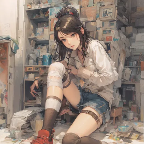 A painting by Akihiko Yoshida. woman. game character. knee high socks. Whole body.