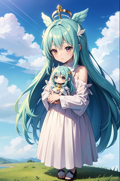 angelicales　Chibichara　large wings on the back、long hair with blue hair((Chibi Chara))、Fluffy、girl with、Chibi Chara、full body Esbian、Angel costume、Pastel colors hair、masutepiece、top-quality、Vast landscape in the background(a picture)