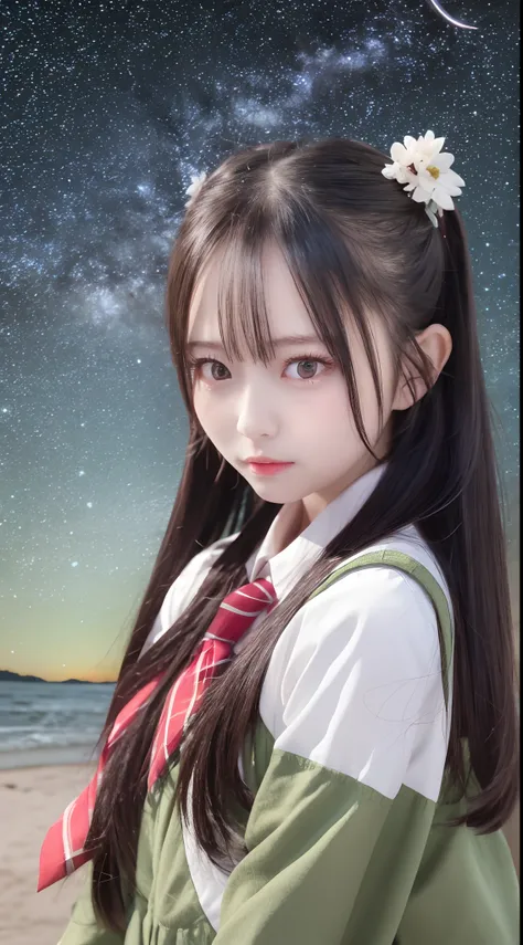 schoolgirls，Beach starry sky，green color，the night, Best quality, Super detailed,,Upper body avatar photo，Close-up of avatar,