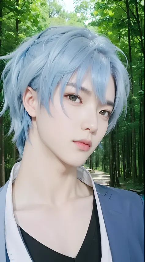 real life adaption of this character, korean teen handsome face, realistic blue hair,yellow eyes color, realistic outfit, hyper ...