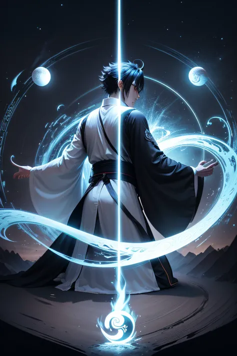 Anime protagonist，Qi Gong，Taoist，Turning Head，Review，Turn Back，Taoist robes，wonderland，Tai Chi gossip，yin yang，black andwhite,magatama，male people，One guy