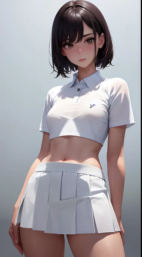 1girl, solo, white polo shirt, white sneakers, tennis wear, white miniskirt, masterpiece, best quality, realistic, hyper-detailed, (shiny skin, sweaty:1.4), absurd, looking at viewer, short black hair, brown eyes, slender, dynamic lighting, high resolution...