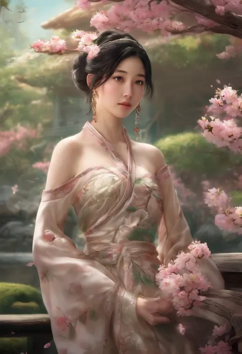 Envision a poised young lady exuding grace as she delicately holds a branch adorned with cherry blossoms. Surround her with a traditional Japanese garden, resplendent in vivid blooms, tranquil koi ponds, and an intricately designed pagoda. Allow the gentle...