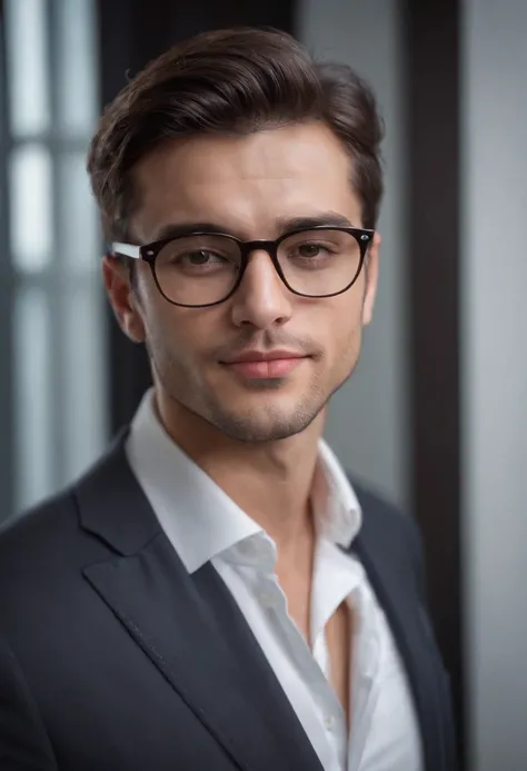 Ultra photo realsisim, self-shot, Penthouse suite background, A handsome man,  deep tan skin, Dark hair, stubbles, Chiseled jaws, Muscular, Glasses, Black pinstripe suit,